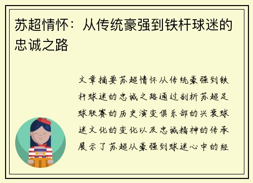 苏超情怀：从传统豪强到铁杆球迷的忠诚之路
